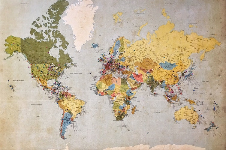 World map marked with colorful wine regions