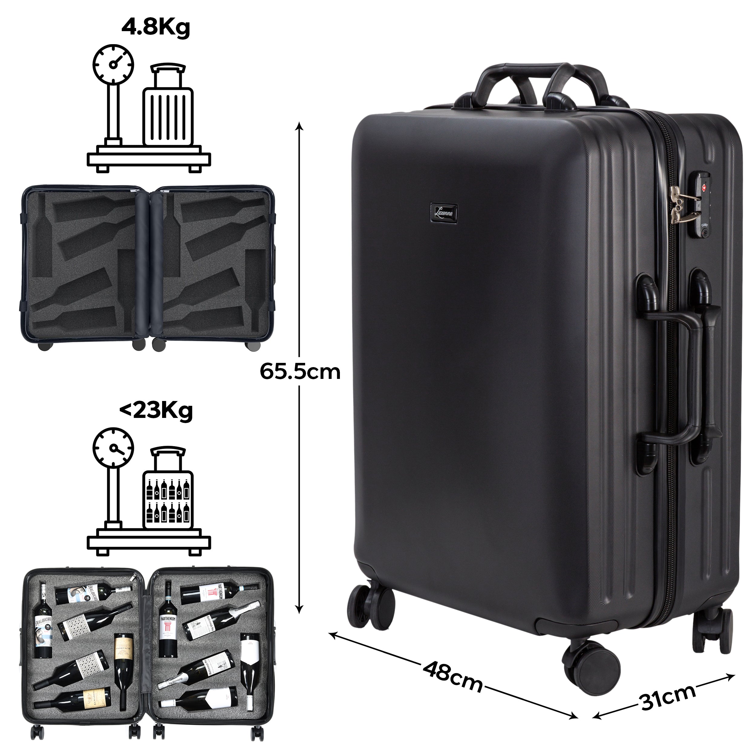 LAZENNE ELITE - WINE TRAVEL SUITCASE 12 BOTTLES WITH REMOVABLE INSERTS - TSA AIRLINE APPROVED, 10-YEARS WARRANTY